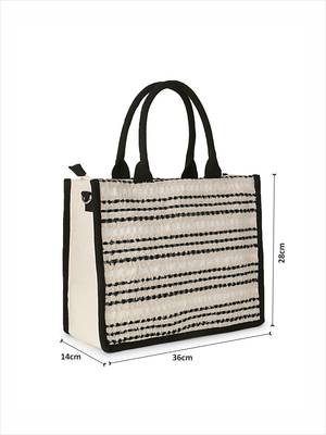 Boho Natural & Black Jacquard Cotton Canvas Striped Self Design Handheld Bag 6