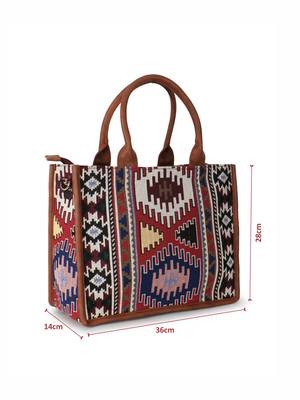 Tribal Tan & Multi Jacquard Cotton Canvas Ethnic Motifs Self Design Handheld Bag 6