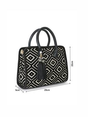 Anekaant Geomat Natural & Black Jacquard Cotton Canvas Diamond Self Design Handheld Bag 6