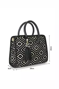 Anekaant Geomat Natural & Black Jacquard Cotton Canvas Diamond Self Design Handheld Bag