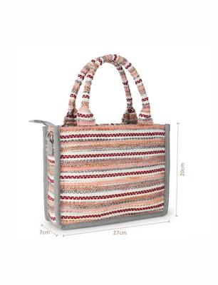Geomat Grey & Multi Jacquard Cotton Canvas Striped Self Design Handheld Bag 6