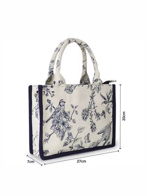 Jungle Natural & Navy Jacquard Cotton Canvas Animal & Floral Self Design Handheld Bag 6