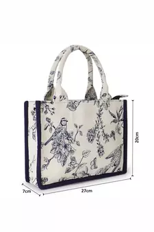 Jungle Natural & Navy Jacquard Cotton Canvas Animal & Floral Self Design Handheld Bag