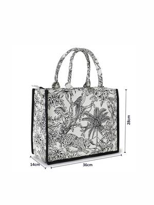 Jungle White & Black Jacquard Cotton Canvas Animal & Floral Self Design Handheld Bag 6