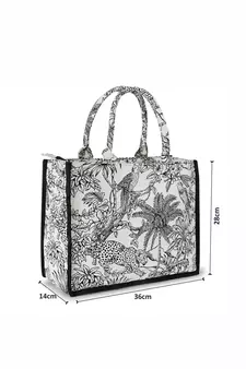 Jungle White & Black Jacquard Cotton Canvas Animal & Floral Self Design Handheld Bag