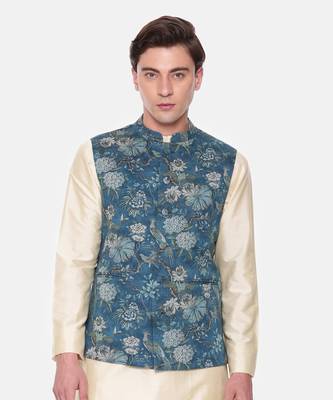 Blue Printed Mulmul Nehru Jacket 2