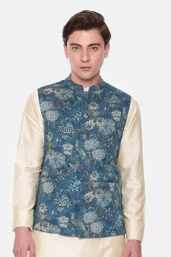 Blue Printed Mulmul Nehru Jacket
