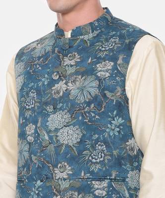 Blue Printed Mulmul Nehru Jacket 3