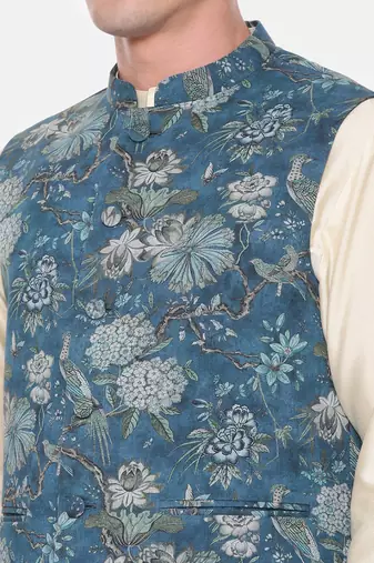 Blue Printed Mulmul Nehru Jacket