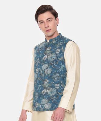 Blue Printed Mulmul Nehru Jacket 4