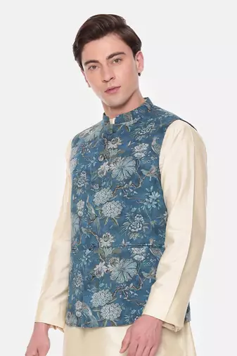 Blue Printed Mulmul Nehru Jacket