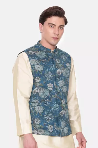 Blue Printed Mulmul Nehru Jacket
