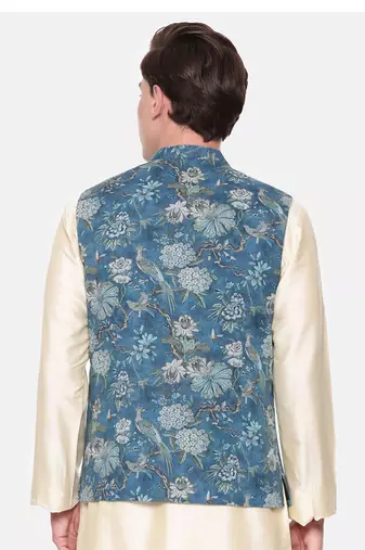 Blue Printed Mulmul Nehru Jacket