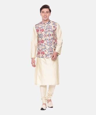 Red Beige Printed Muslin Nehru Jacket 1