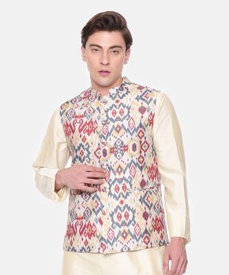 Red Beige Printed Muslin Nehru Jacket 2