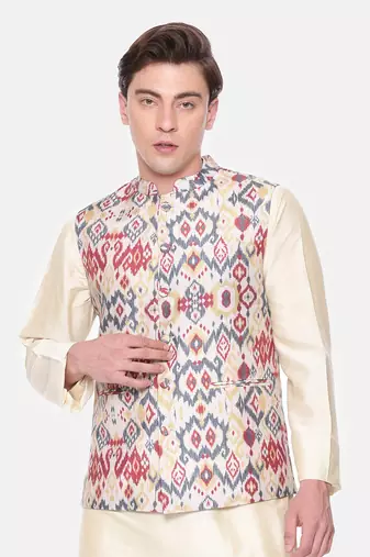 Red Beige Printed Muslin Nehru Jacket