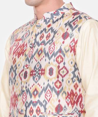 Red Beige Printed Muslin Nehru Jacket 3