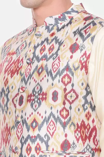 Red Beige Printed Muslin Nehru Jacket