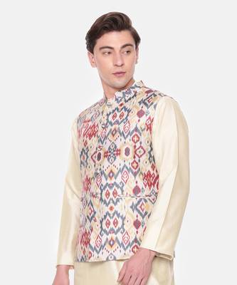 Red Beige Printed Muslin Nehru Jacket 4