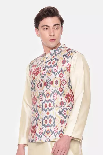 Red Beige Printed Muslin Nehru Jacket