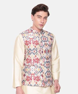 Red Beige Printed Muslin Nehru Jacket 5