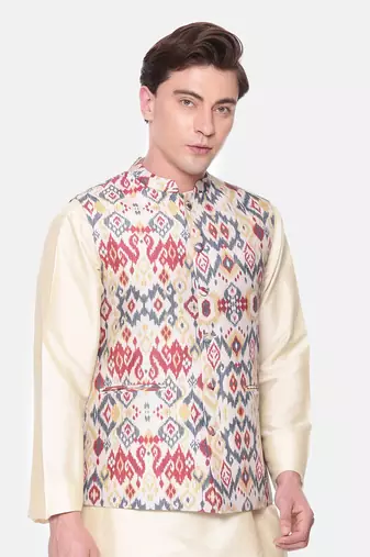 Red Beige Printed Muslin Nehru Jacket