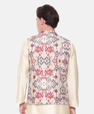 Red Beige Printed Muslin Nehru Jacket 6