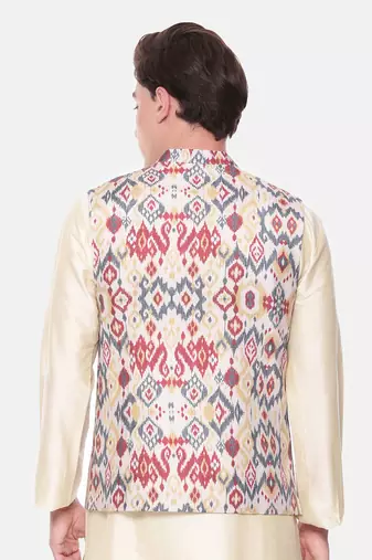 Red Beige Printed Muslin Nehru Jacket