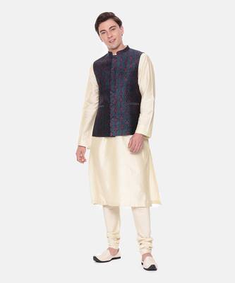 Blue Printed Chanderi Nehru Jacket 1