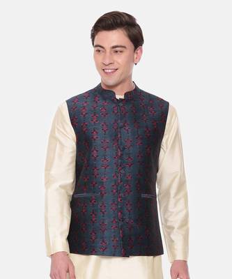 Blue Printed Chanderi Nehru Jacket 2