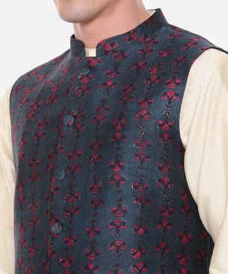 Blue Printed Chanderi Nehru Jacket 3