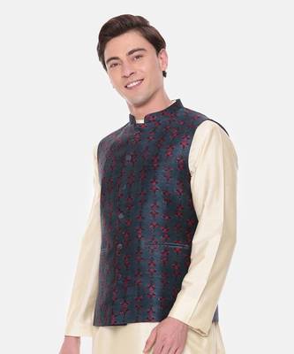 Blue Printed Chanderi Nehru Jacket 4