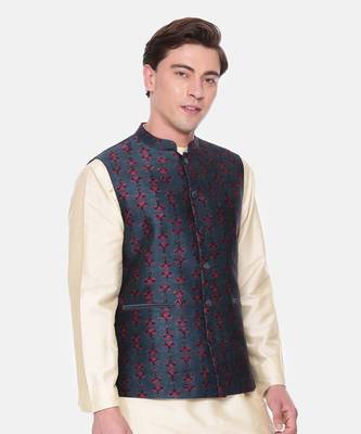 Blue Printed Chanderi Nehru Jacket 5