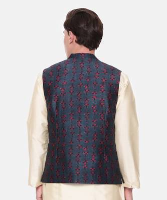 Blue Printed Chanderi Nehru Jacket 6