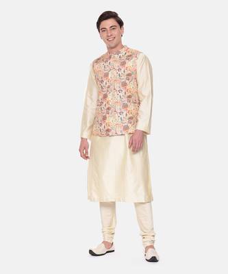 Peach Printed Muslin Nehru Jacket 1