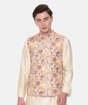 Peach Printed Muslin Nehru Jacket 2