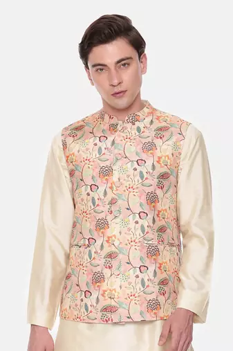 Peach Printed Muslin Nehru Jacket