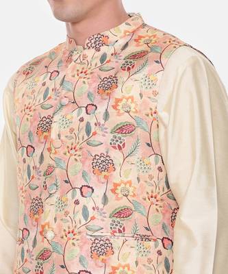 Peach Printed Muslin Nehru Jacket 3