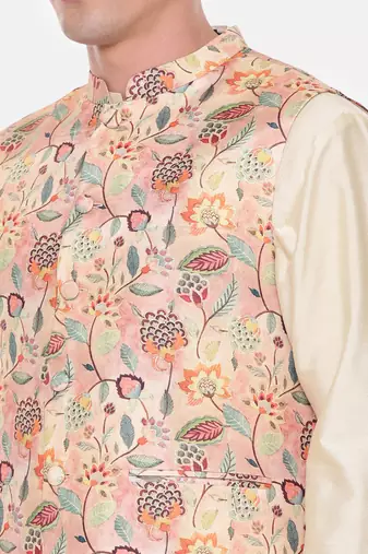 Peach Printed Muslin Nehru Jacket