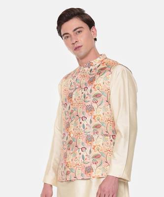 Peach Printed Muslin Nehru Jacket 4