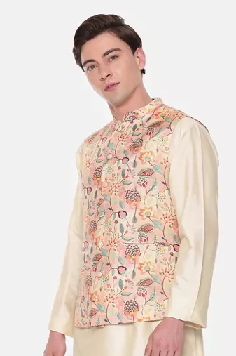 Peach Printed Muslin Nehru Jacket