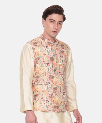 Peach Printed Muslin Nehru Jacket 5