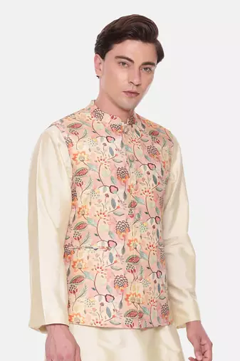Peach Printed Muslin Nehru Jacket