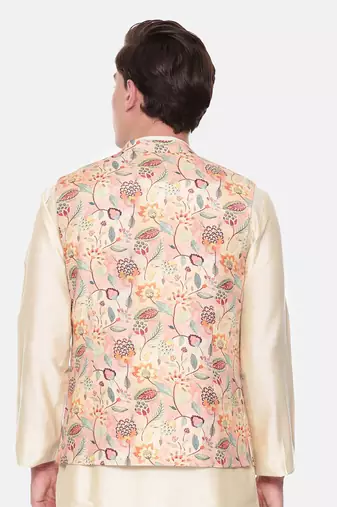 Peach Printed Muslin Nehru Jacket