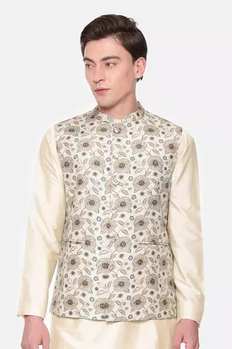 Green Printed Muslin Nehru Jacket