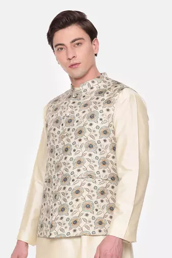 Green Printed Muslin Nehru Jacket
