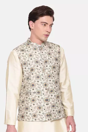 Green Printed Muslin Nehru Jacket