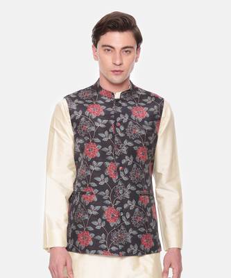 Black Red Printed Muslin Nehru Jacket 2