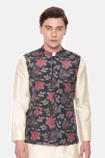 Black Red Printed Muslin Nehru Jacket