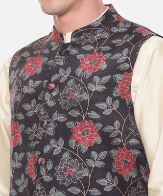Black Red Printed Muslin Nehru Jacket 3